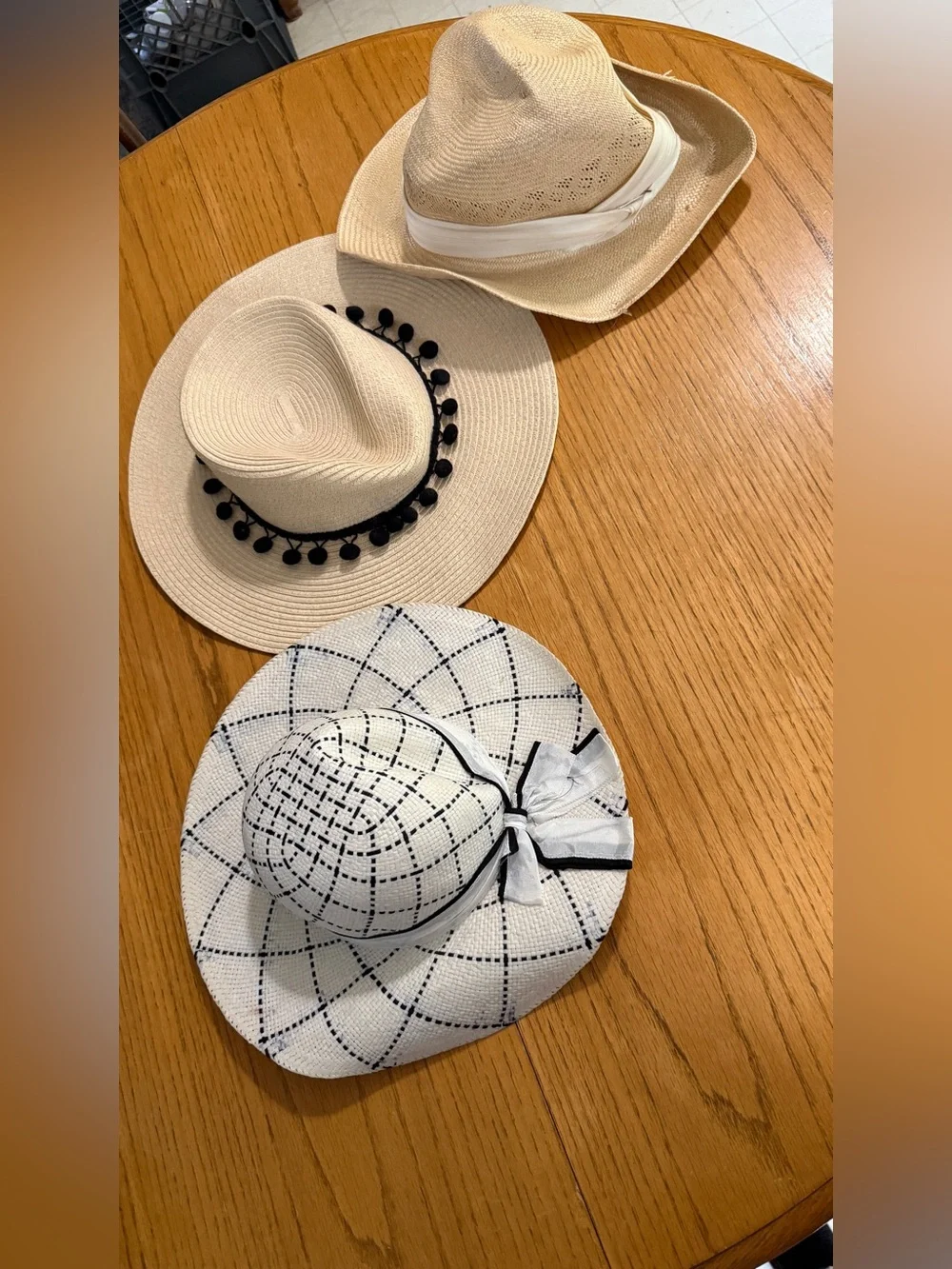 World Market Straw Sun Hat Lot 3 Pc Fedora Panama Wide Brim Pom Pom